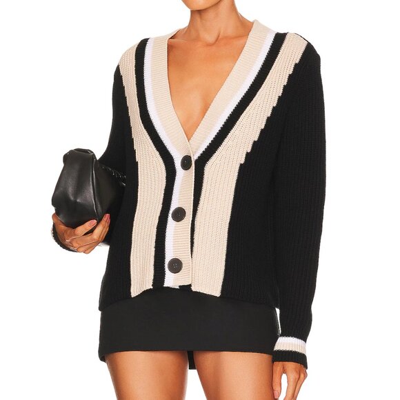 NEW 525 Varsity Chunky Cardigan in Black Multi Cream Knit Striped - Medium M - Picture 1 of 3